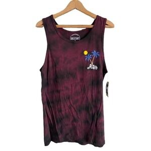 Dikotomy Mens Small Tie Dye Graphic Tank Top Burgundy Black Skulls Palm Tree NWT